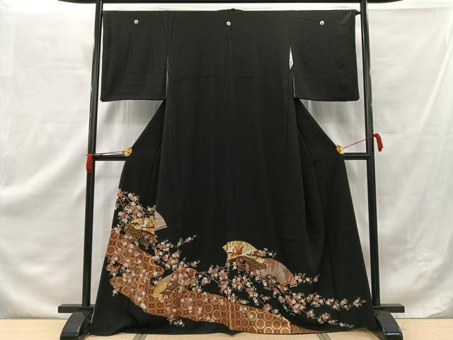 平和屋着物■豪華黒留袖　駒刺繍　扇吉祥文　金彩　正絹　逸品　AAAM8325np