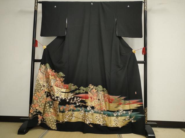 平和屋着物■豪華黒留袖　作家物　駒刺繍　風景草花文　金彩　正絹　逸品　AAAN4212rz