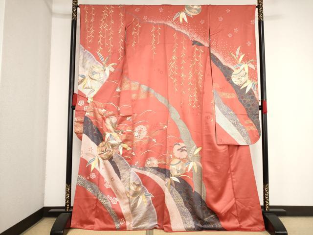 平和屋着物■豪華振袖　駒刺繡　雪輪吉祥草花鈴文　金彩　正絹　逸品　AAAN8764bw
