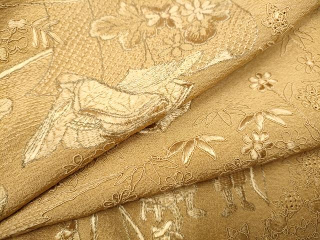 平和屋着物●豪華色留袖　総刺繍　スワトウ刺繍　人物枝花文　黄朽葉色　正絹　逸品　CAAJ7537hy