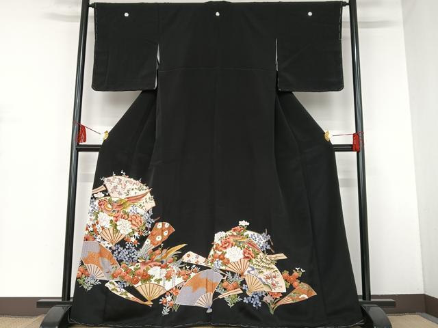 平和屋着物■豪華黒留袖　駒刺繍　扇面花文　金彩　正絹　逸品　未使用　AAAM6634oa