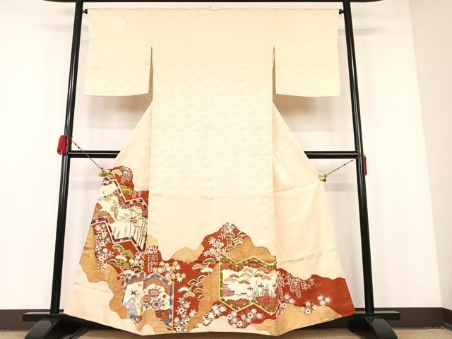 平和屋着物●豪華色留袖　駒刺繍　飛鶴草花文　金彩　正絹　逸品　AAAM5952ph