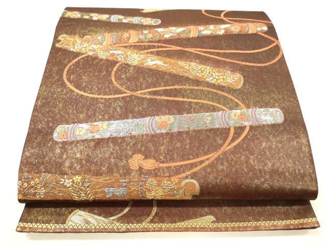 平和屋着物◎六通柄袋帯　横段花文　本うるし箔金　引箔　正絹　逸品　DAAI5968op