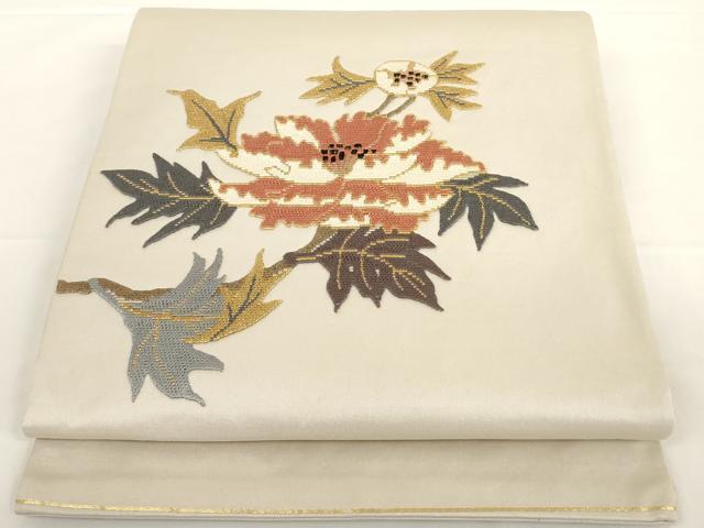 平和屋着物◎九寸開き名古屋帯　総刺繡　幾何学花文　金糸　正絹　逸品　AAAN0909ru