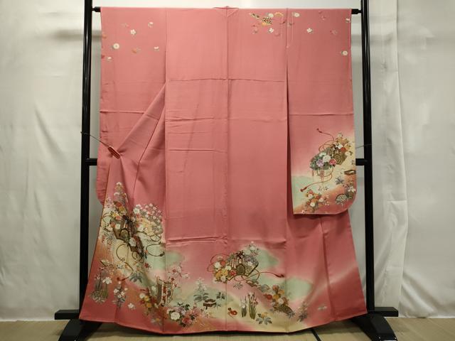 平和屋着物■豪華振袖　刺繍　地紙御所車草花文　暈し染め　金彩　京都きもの友禅扱い　正絹　逸品　未使用　CAAJ8166ku