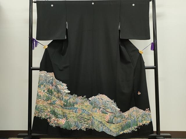 平和屋着物■豪華黒留袖　友禅　作家物　流水風景飛鳥枝花文　正絹　逸品　CAAJ4952yk