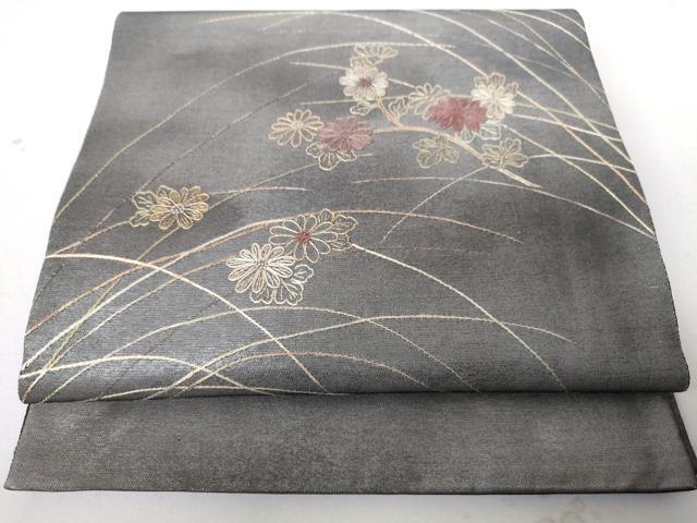 平和屋着物◎六通太鼓柄袋帯　総刺繍　枝花文　金糸　正絹　逸品　DAAH3952ar