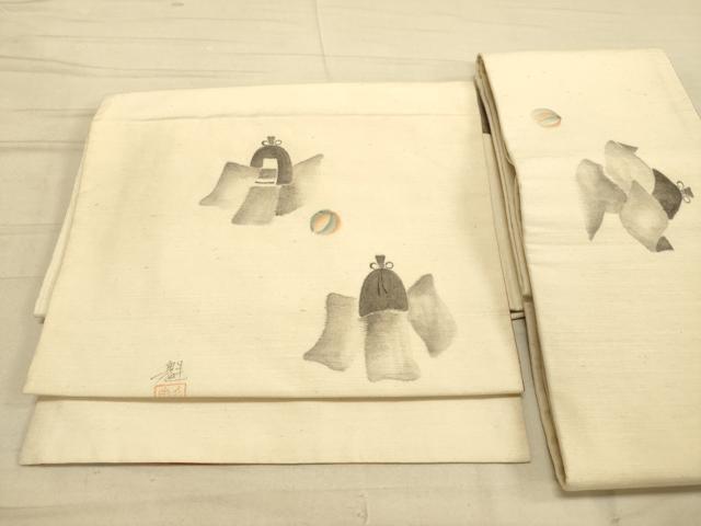 平和屋着物◎つけ帯　作家物　手描き　紬地　玩具文　正絹　逸品　DAAK2569ob