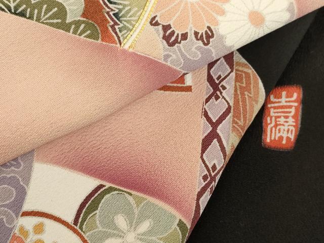 平和屋着物■豪華黒留袖　作家物　駒刺繍　扇面絵巻草花文　金彩　正絹　逸品　AAAL7480bw