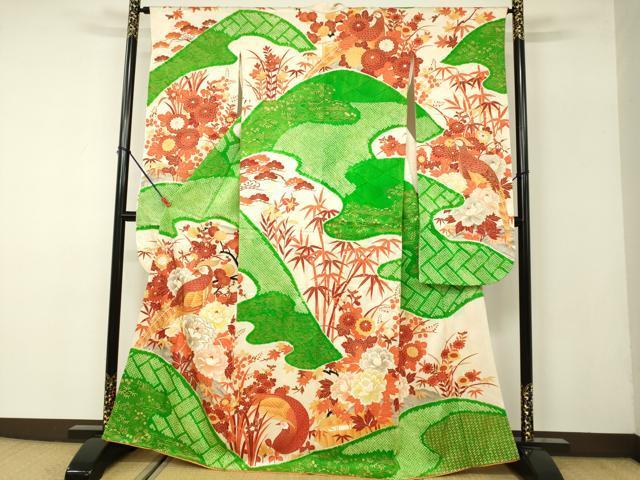 平和屋着物●豪華振袖　駒刺繍　絞り　尾長鳥花文　金彩　正絹　逸品　DAAJ5658du