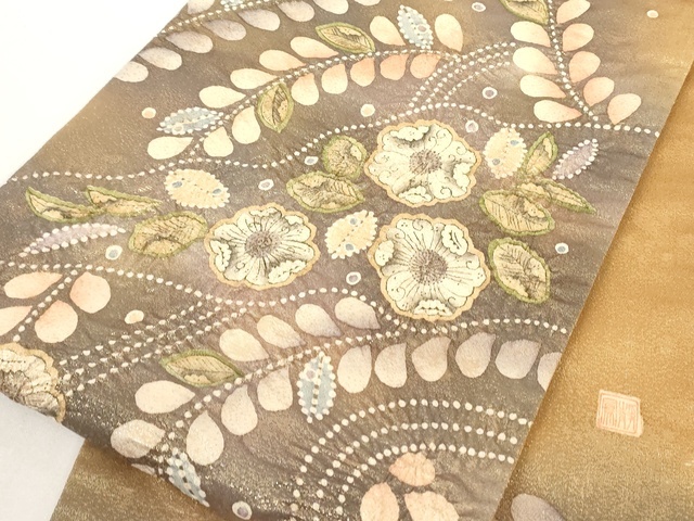 平和屋着物●速野静鳳　太鼓柄袋帯　絞り　辻が花　金通し地　正絹　逸品　AAAM2098az