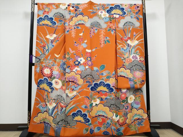 平和屋着物●豪華振袖　型染め　枝花文　正絹　逸品　CAAJ2389hy