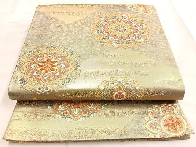 平和屋着物◎六通柄袋帯　正倉院花文　金糸　引箔　正絹　逸品　BAAM6505cm