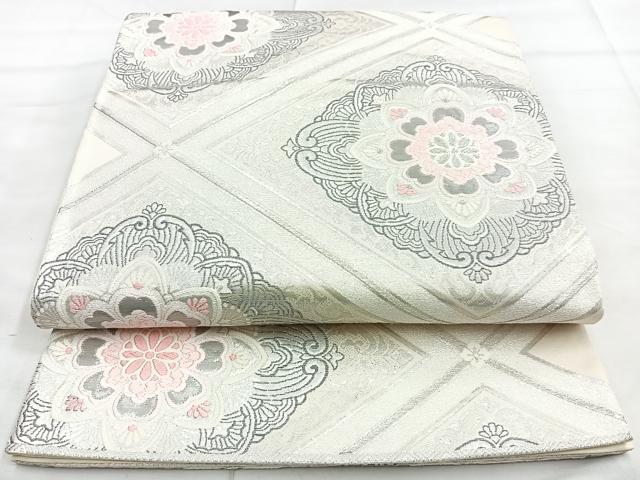 平和屋着物◎西陣　六通柄袋帯　花菱文　プラチナ箔二重織　銀糸　正絹　逸品　BAAM3470cm
