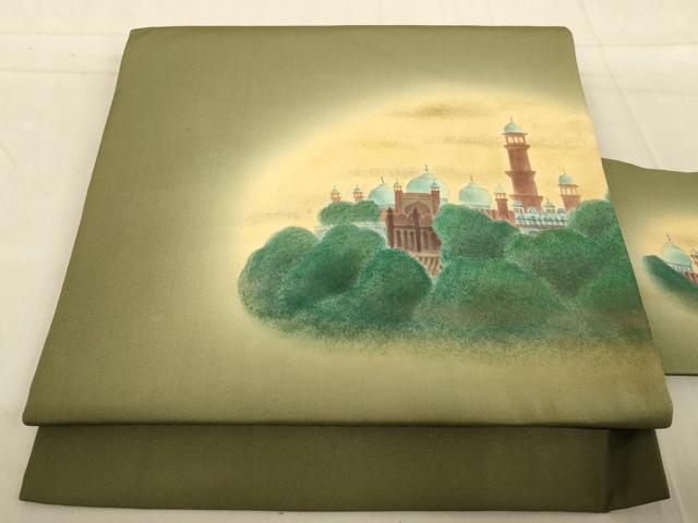 平和屋着物●九寸名古屋帯　手描き　風景樹林文　正絹　逸品　AAAN9819wj