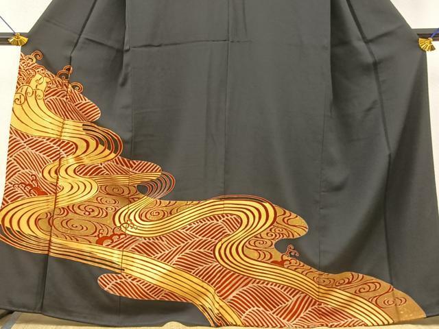 平和屋着物■豪華黒留袖　駒刺繍　立波文　金彩　正絹　逸品　BAAK9950ct