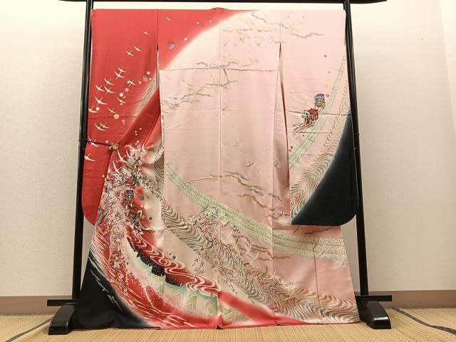 平和屋着物■豪華振袖　駒刺繍　流水御所車花鳥文　暈し染め　金彩　正絹　逸品　BAAM4133by