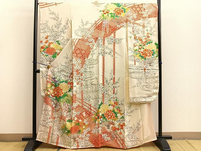 平和屋着物■豪華振袖　駒刺繍　扇面渡橋花文　金彩　正絹　逸品　BAAM9194me