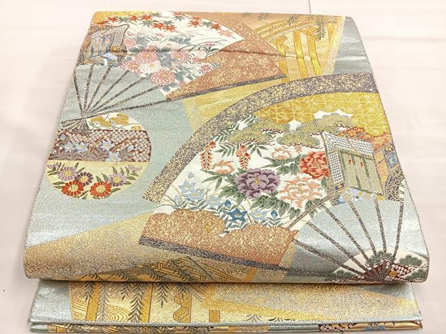 平和屋着物●六通柄袋帯　唐織　能衣扇面橋上文　金糸　正絹　逸品　BAAL6061ea