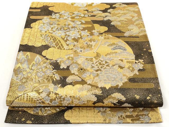 平和屋着物●六通柄袋帯　エ霞風景花丸文　黒地　金糸　正絹　逸品　AAAM2168az