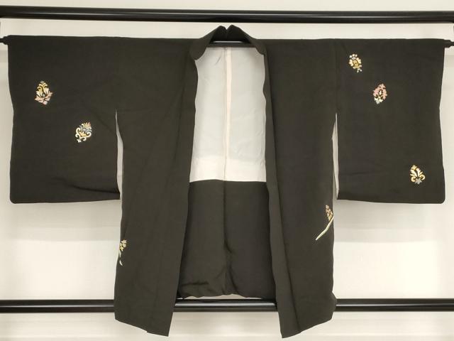 平和屋着物■羽織　駒刺繡　草花文　黒地　金彩　正絹　逸品　AAAN9999bw