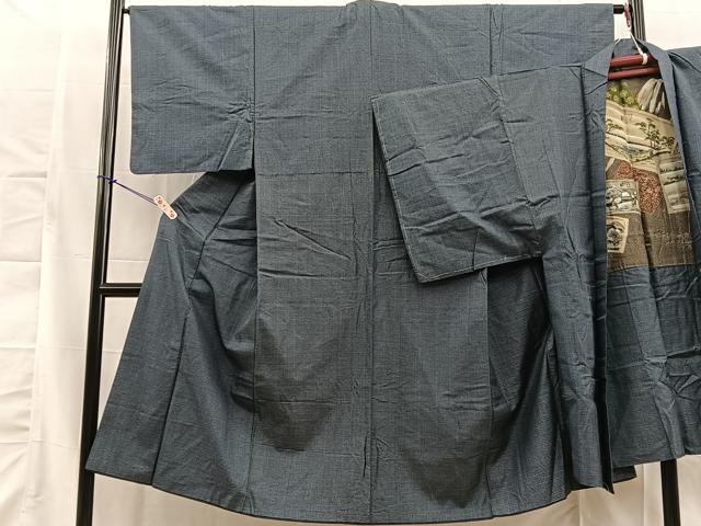 平和屋着物■男性　お召　アンサンブル　絣文様　羽裏：富士山　正絹　逸品　BAAM9673xa