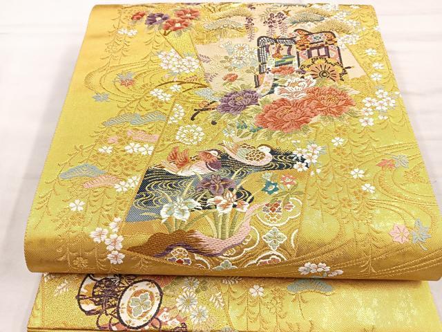 平和屋着物●六通柄袋帯　唐織　御所車流水花鳥文　金糸　正絹　逸品　BAAL9853ea