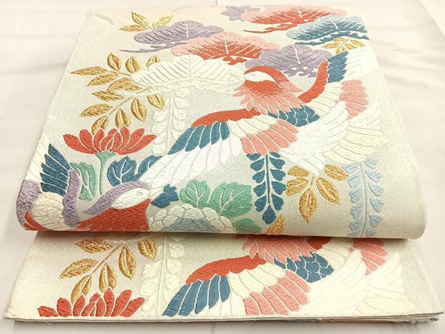 平和屋着物◎白磁つづれ　六通柄袋帯　唐織　花鳥文　金銀糸　正絹　逸品　BAAM3349cm
