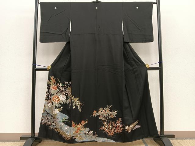 平和屋着物■豪華黒留袖　駒刺繍　流水花鳥文　金彩　正絹　逸品　BAAM5544yt