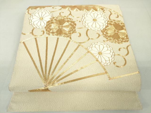 平和屋着物◎太鼓柄袋帯　駒刺繍　総刺繍　扇面花文　金糸　正絹　逸品　DAAK7586xg
