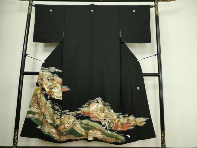 平和屋着物■豪華黒留袖　作家物　駒刺繍　扇面吉祥草花松文　暈し染め　金彩　正絹　逸品　DAAL5526ox