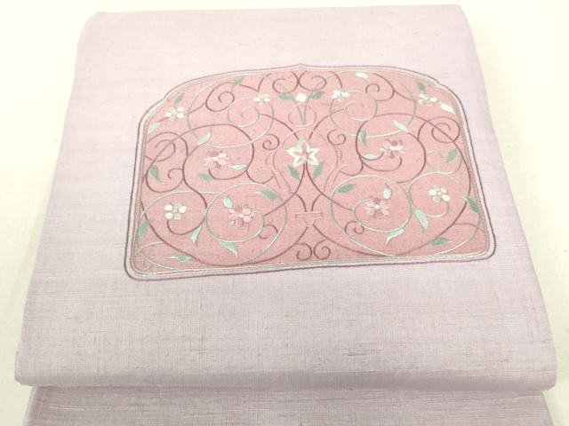 平和屋着物■太鼓柄袋帯　紬地　総刺繍　花唐草文　正絹　逸品　DAAL0703sf