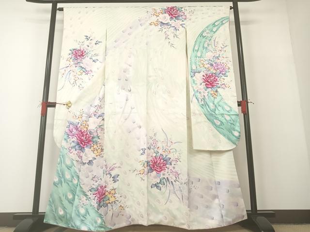平和屋着物●豪華振袖　手描き　孔雀花文　正絹　逸品　AAAN1644ph