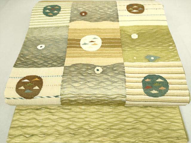 平和屋着物●スリーシーズン　春夏秋　太鼓柄袋帯　すくい織　市松丸文　金糸　正絹　逸品　DAAK8884az