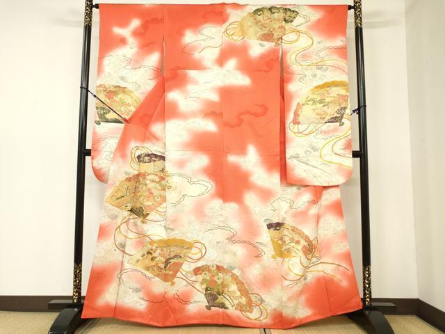 平和屋着物■豪華振袖　駒刺繍　檜扇飛鶴花車文　暈し染め　金彩　正絹　逸品　DAAL1331ma