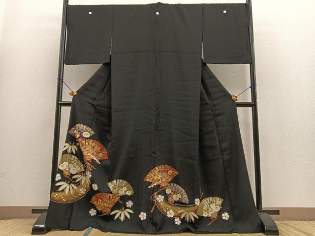 平和屋着物●豪華黒留袖　駒刺繍　扇面花文　金彩　正絹　逸品　BAAM5832ph