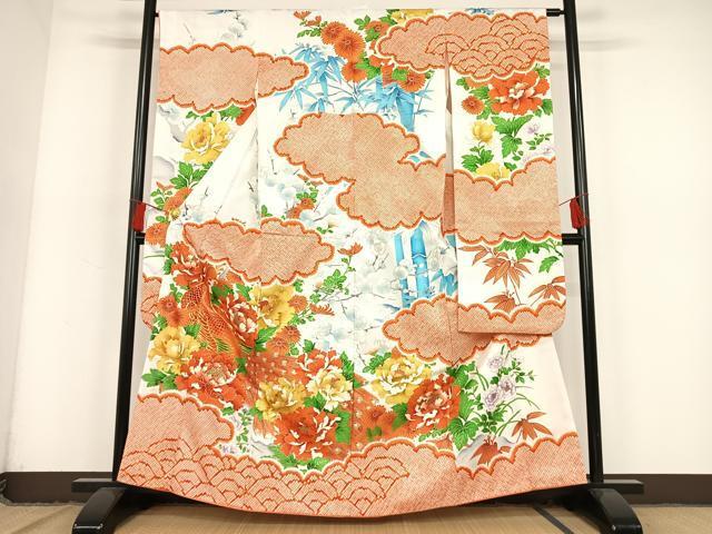 平和屋着物●豪華振袖　駒刺繍　孔雀花文　金彩　正絹　逸品　AAAN9302zg