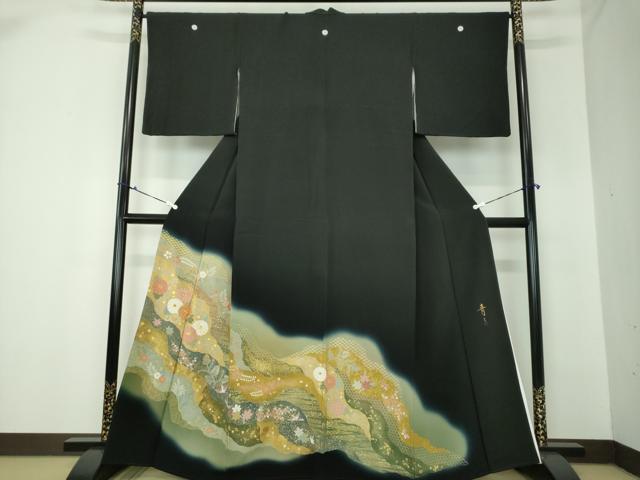 平和屋着物●京友禅の第一人者　松井青々　黒留袖　駒刺繍　道長花鳥文　暈し染め　金彩　正絹　逸品　DAAL7583ps