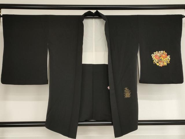 平和屋着物■羽織　刺繍　花鳥丸文　黒地　金彩　正絹　逸品　AAAN7316bw