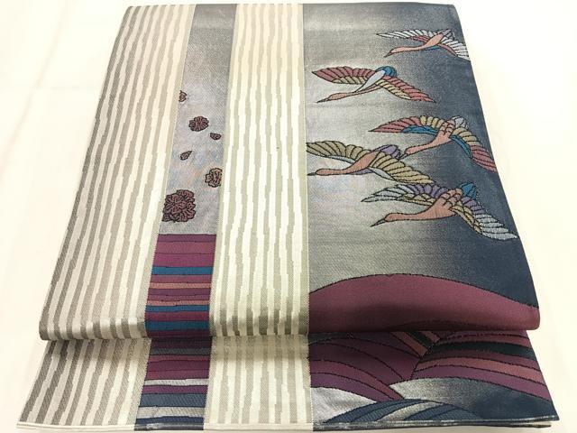 平和屋着物◎六通太鼓柄袋帯　飛鶴霞文　銀糸　引箔　正絹　逸品　AAAN7581yx
