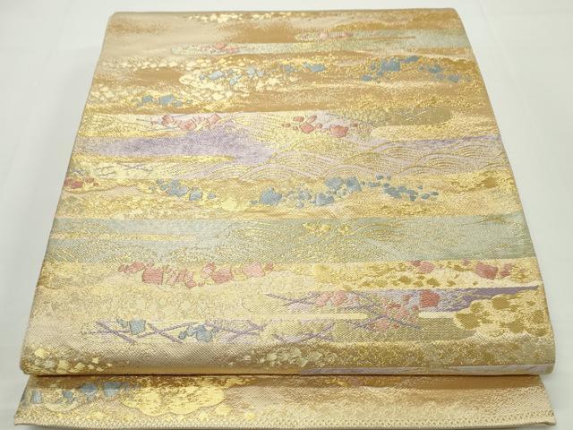 平和屋着物■六通柄袋帯　エ霞流水枝花文　金糸　正絹　逸品　未使用　CAAL0141ng