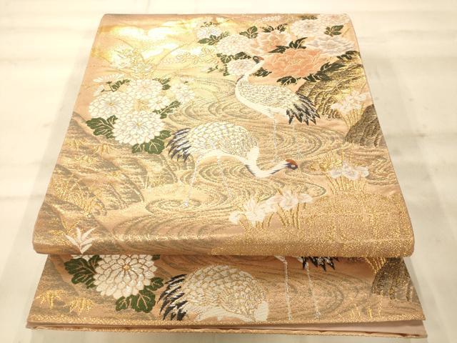 平和屋着物◎六通柄袋帯　唐織　草花鶴文　弐拾四金二重織　正絹　逸品　AAAN5250fw