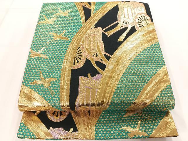 平和屋着物◎六通柄袋帯　御所車飛鶴文　黒地　金糸　正絹　逸品　AAAM8756yx