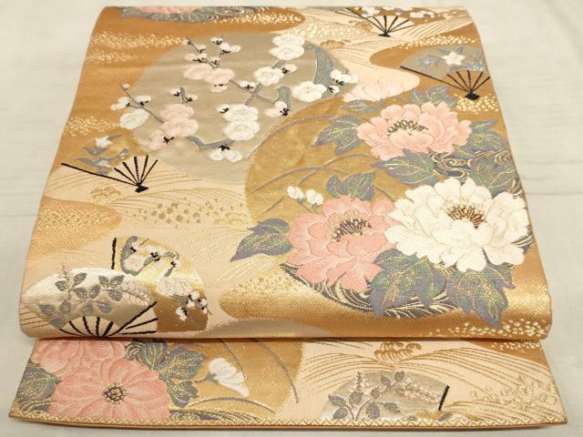 平和屋着物◎六通柄袋帯　流水扇面花丸文　金糸　正絹　逸品　AAAO6726sx