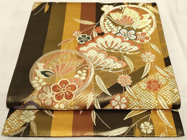 平和屋着物◎六通柄袋帯　唐織　花蝶丸文　金糸　正絹　逸品　AAAM3984sx
