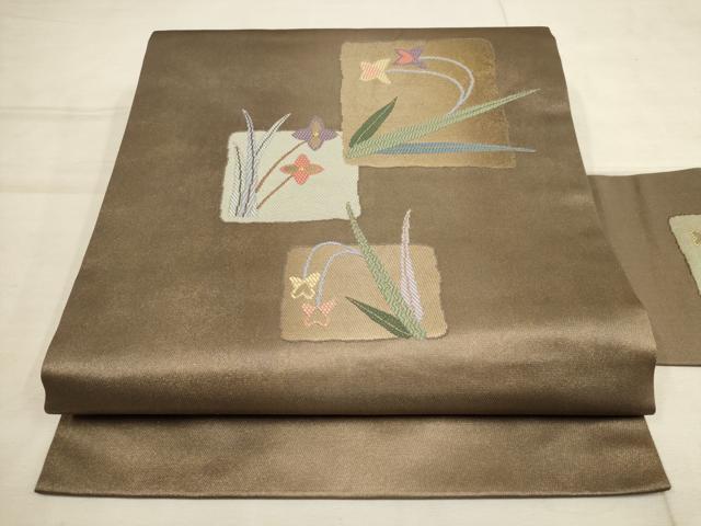 平和屋着物●九寸名古屋帯　色紙草花文　金糸　正絹　逸品　AAAO8772wj