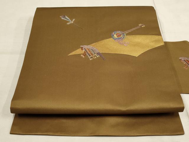 平和屋着物●九寸名古屋帯　刺繍　楽器文　金糸　正絹　逸品　AAAO8773wj