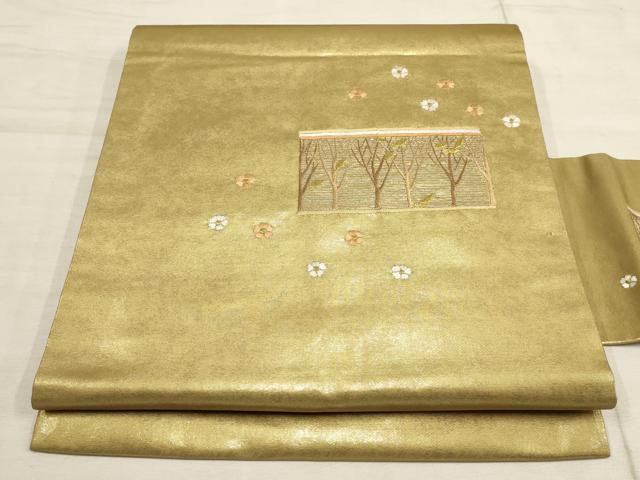 平和屋着物●九寸名古屋帯　刺繍　枝花文　金糸　金彩　正絹　逸品　AAAO8774wj