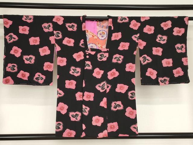 平和屋着物■道行コート　草花文　黒地　正絹　逸品　AAAN3886bw