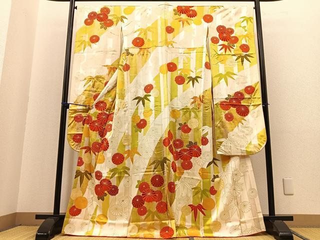 平和屋着物■豪華振袖　駒刺繍　笹竹菊文　金彩　正絹　逸品　BAAN3626ev